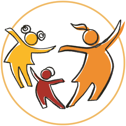 Logo, 3 stilisierte Figuren, Kinder und Erzieherin in den Farben Rot, Gelb, Orange